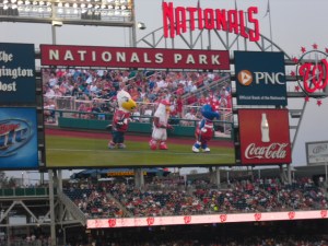 Dancing mascots on Jumbotron